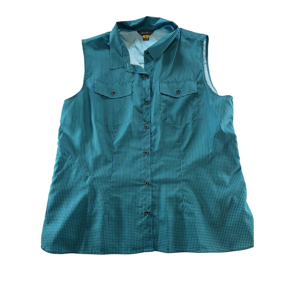 Eddie Bauer Womens 2XL Teal Gingham Sleeveless Button Down Hiking Shirt